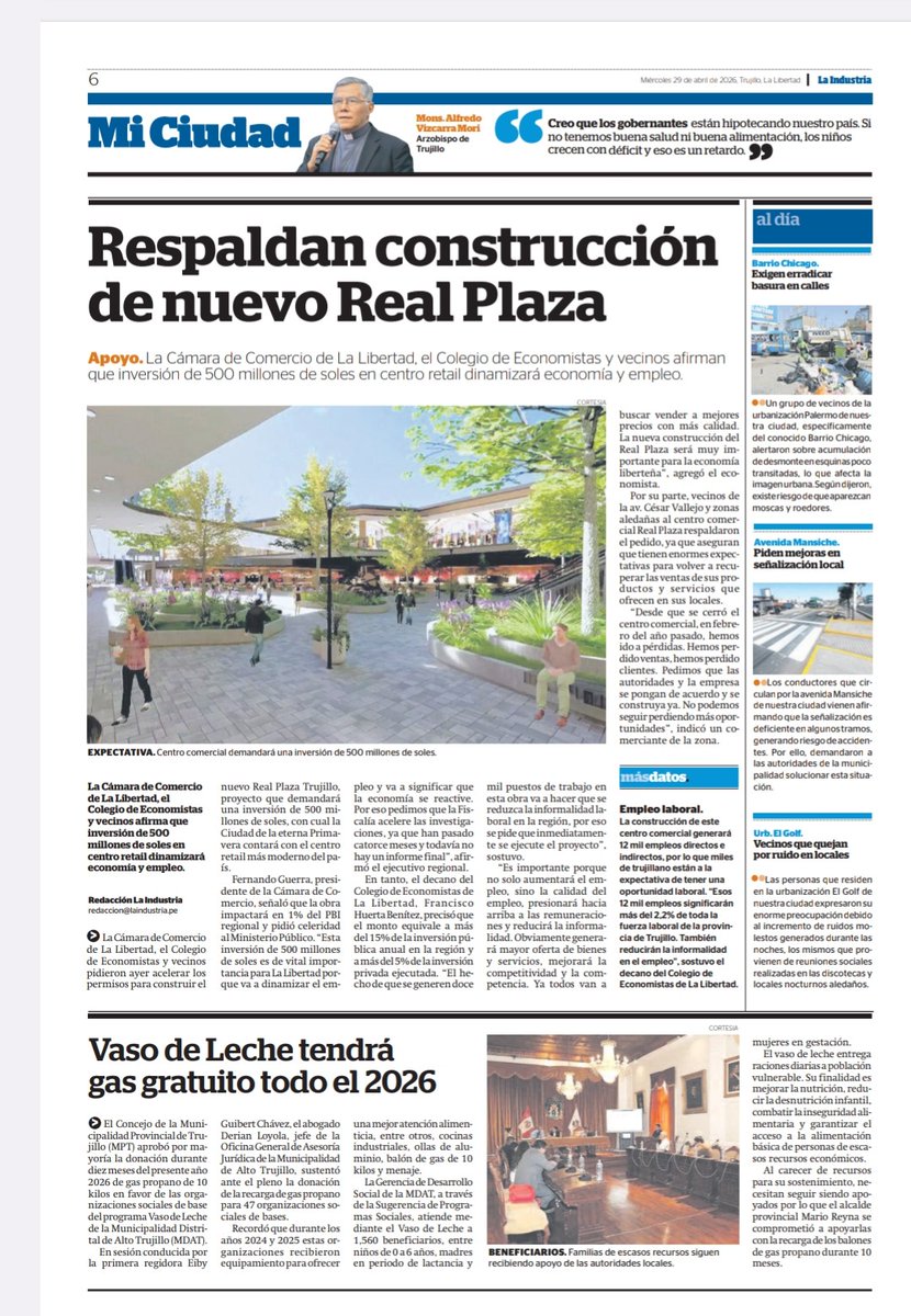Cuando gremios empresariales salen públicamente a apoyar un proyecto, es porque ven impacto real. Trujillo necesita crecer, no quedarse detenido <a href="/camaradelima/">Cámara de Comercio Lima</a>
<a href="/ADEX_PERU/">Asociación de Exportadores</a>
 #NuevoMallRealPlazaEnTrujillo