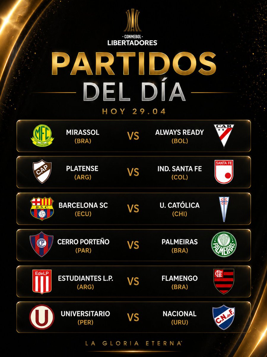 Hoy continua la bendita #CopaLibertadores2026 con algunos partidazos 

La agenda de hoy es la siguiente