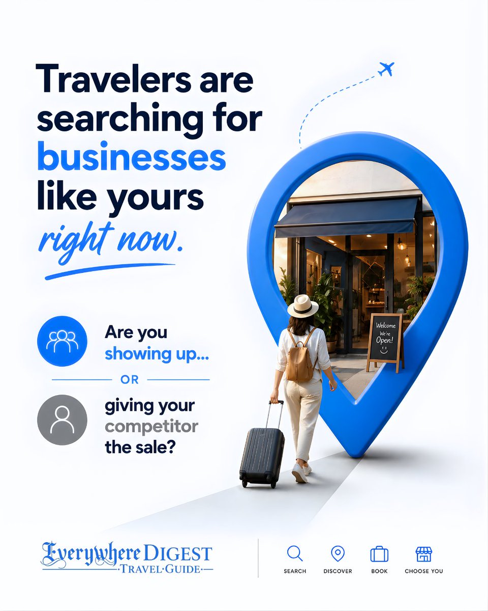 EverywhereBuddy's tweet photo. Get found before travelers decide 🌍
Be visible where they search.
Start at $20/month → https://t.co/G1SvW2XIf9

#TravelMarketing #GetFound https://t.co/lhwAc3kJnt