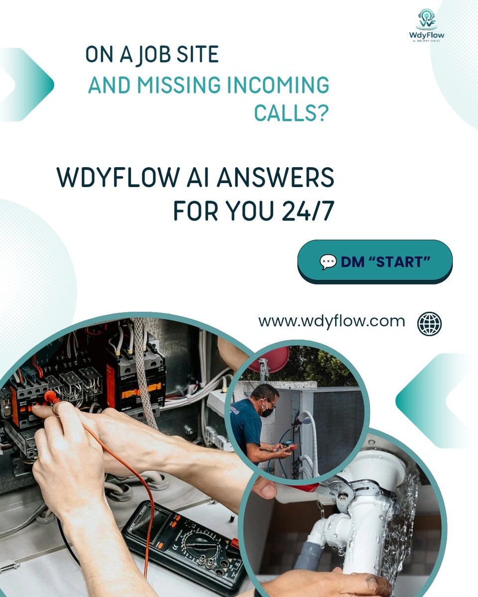 shanza678707's tweet image. Working on a job site and can’t answer incoming calls? 

Missed calls = missed jobs 

Wdyflow AI answers every call for home services contractors

👉 wdyflow.com

DM “START”

#HomeServices 
#PlumbingBusiness 
#Electricians 
#HVACBusiness 
#AIReceptionist
#Wdyflow