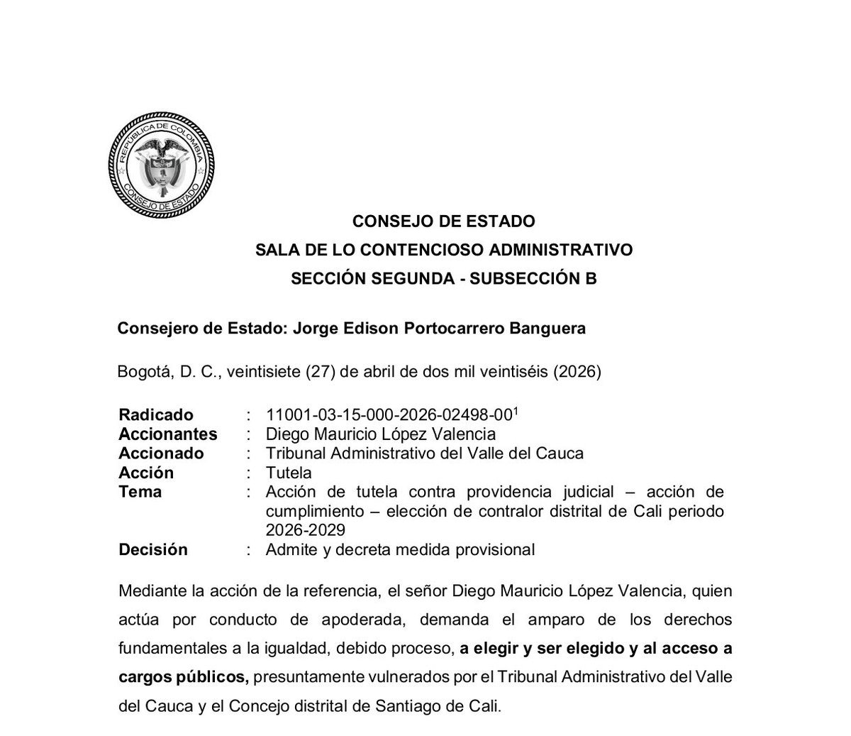 Caracol_Cali's tweet image. #ATECION📍Consejo de Estado ordena a Concejo de #Cali elegir contralor distrital, sin más dilaciones, en un término de tres meses.
El alto tribunal administrativo admitió una acción de tutela del abogado Diego Mauricio López Valencia, uno de los ternados. (1/2)