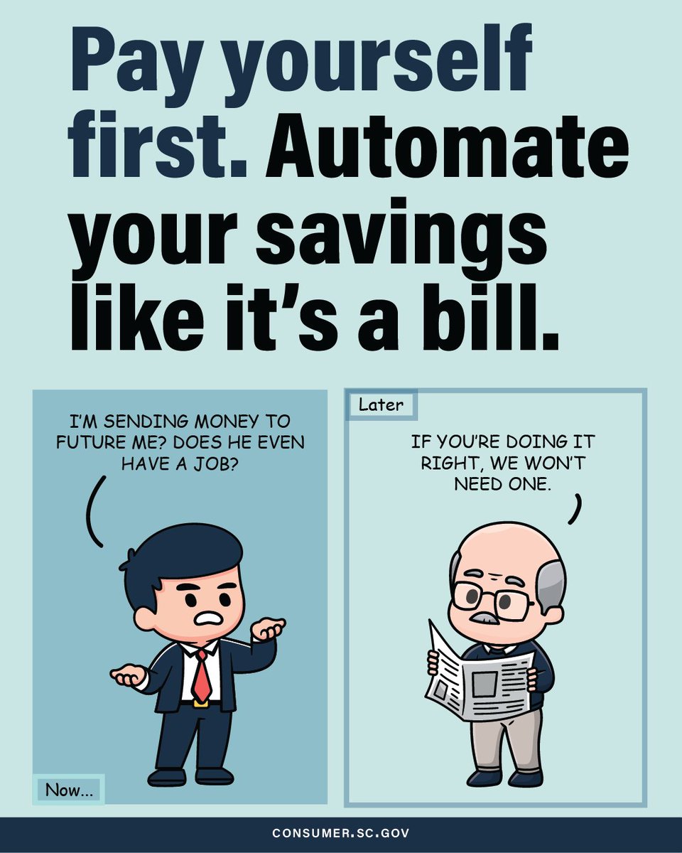SCDCA's tweet image. A good rule of thumb is to automate any amount of savings that you're able to (preferably 20%) and set up your future self for success.😎
What strategies do you use to save money?
#scdca #consumerprotection #financialliteracymonth