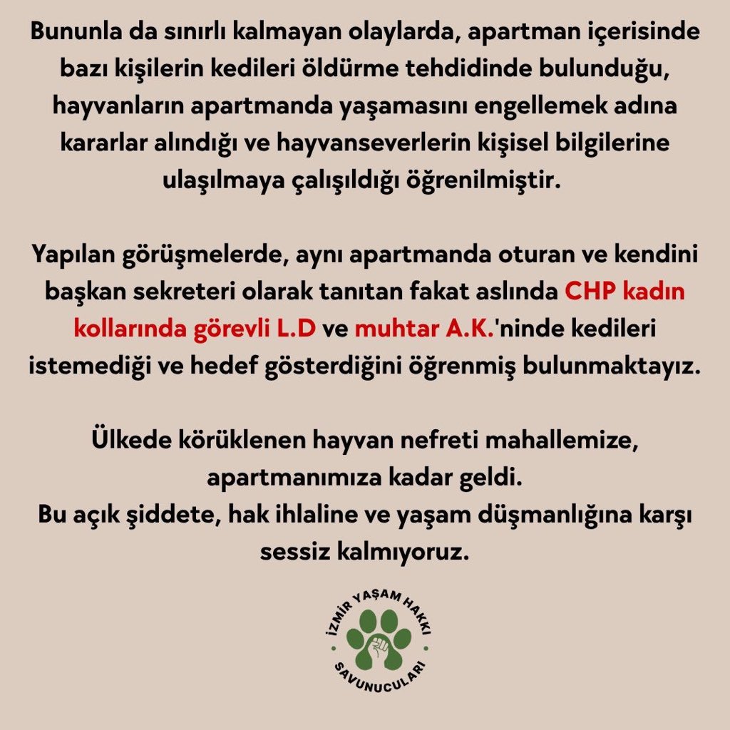 izmiryasamhakki's tweet photo. HAYVAN DÜŞMANI DORUK APARTMANI SAKİNLERİ SIRF SOKAKTAKI KEDİLERİ BESLEDİĞİ İÇİN ENGELLİ KARDEŞİYLE YAŞAYAN BİR KADININ EVİNİ BASTI.
OLAY YERİNDE EYLEMDEYİZ!

30 Nisan saat 19.00’da Cumhuriyet Demokrasi Parkı’nda olay yeri eylemindeyiz. https://t.co/q136EYCyLx