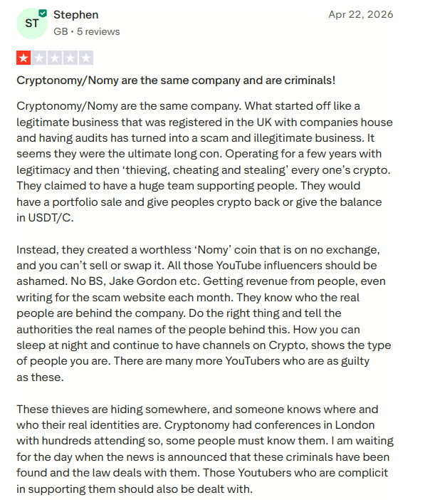 CryptonomyScam's tweet photo. I have a list of hundreds of YouTube influencers who aggressively promoted #Cryptonomy (@NomyFinance) to their combined audiences, which total in the millions. Many of their subscribers have lost their life savings. We should sue these YT influencers into oblivion... https://t.co/Byl48bFg1G