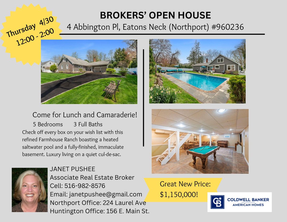 janet_pushee's tweet image. Broker's Open House ~ You're Invited!  #HosueForSale #OpenHouse #Realtor #Northport #SuffolkCounty #RealEstate #LuxuryHome #InGroundPool #GameRoom #RanchHouse