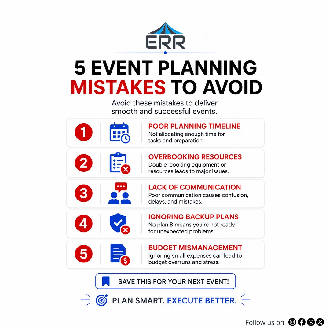 EventResRover's tweet image. Even experienced event planners make mistakes.👀

Avoid these common issues to ensure your events run smoothly and professionally.

Save this post before your next event!

#EventPlanning #EventTips #EventManagement #EventBusiness #Productivity