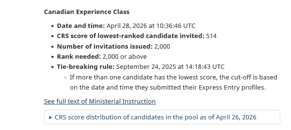 TTRRMK's tweet photo. 413th Express Entry Draw - April 28, 2026 - Canadian Experience Class - 2,000 candidates eligible under #CEC and with #CRS scores of 514+ were invited to apply for permanent residence https://t.co/PQzy1GhLrE #cndimm #PR #ITA https://t.co/Yn24kvpJ7B