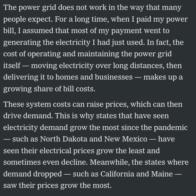 parkan's tweet photo. @robinsonmeyer @nytopinion did something get dropped in copyediting here? I think you're trying to say (correctly) that rising demand results in lower per unit prices due to amortized servicing costs but the "system costs raise prices [and] drive demand" is backwards causally https://t.co/j2ZfztvzDF