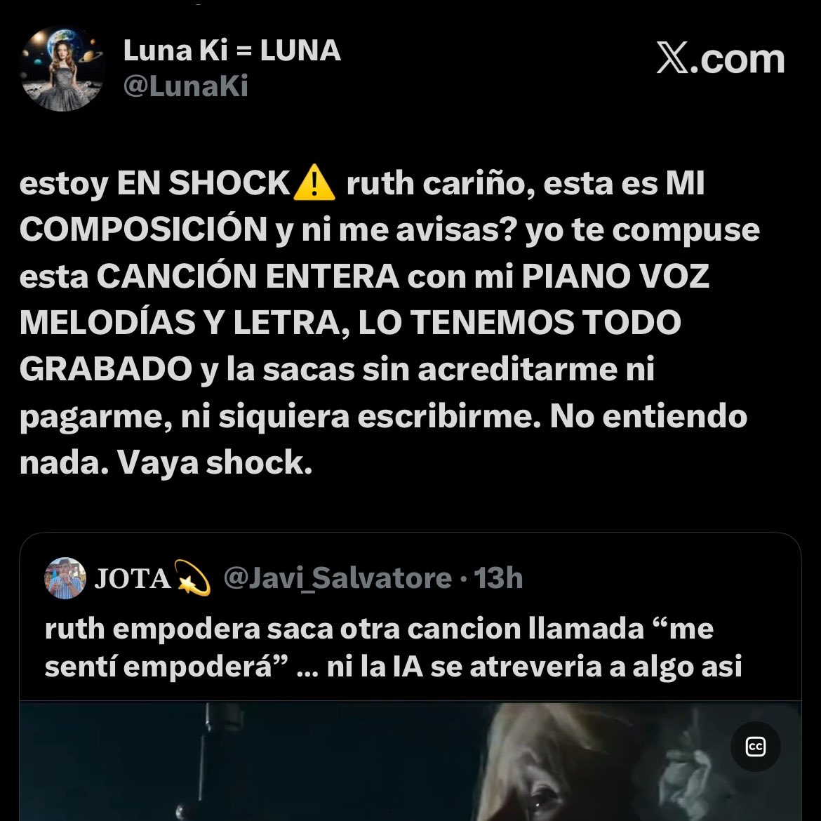 POLÉMICA:

LUNA KI cuenta que COMPUSO y CREÓ la nueva canción a RUTH LA PEKE y esta la publicó SIN PAGARLE y SIN darle CRÉDITOS