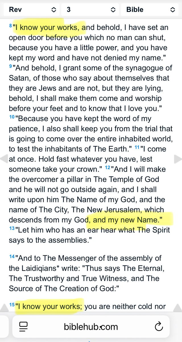 CaeJak's tweet image. Why would I be interested in knowing Satan’s aliases?

The arguments over Our Father’s Son’s name are divisive nonsense, perpetuated by ALL religions.

As clearly stated in
#Revelation 3:12 (Aramaic),
He has a new name which NO ONE knows:
biblehub.com/aramaic-plain-…

#SLS #LS #Jesus