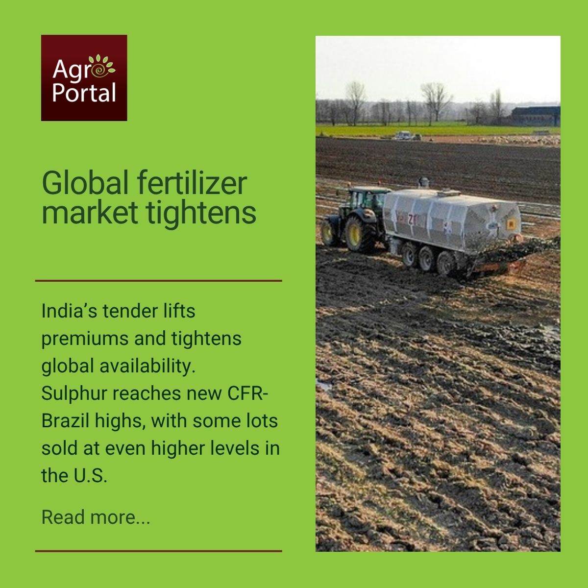 AgroportalBG's tweet image. #Fertilizer markets remain tight despite weak spot activity.   

📈#India’s 1.21 Mmt #urea tender left the market in a peculiar position, as other buyers resisted paying the Indian premium.  

Meanwhile #sulphur hits the 1 000 $/mt mark CFR-Brazil.  

🔗tinyurl.com/n7ctc4y5