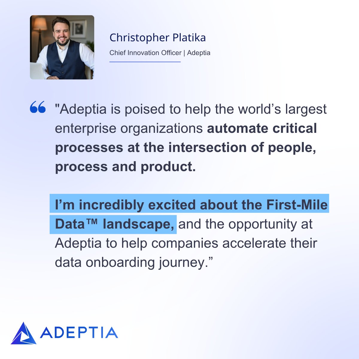 adeptia's tweet image. Thrilled to announce that Christopher Platika has joined our team as Adeptia's new #CIO!

Chris brings 10+ years designing and delivering enterprise software solutions, building custom integrations for the #Fortune500, and more.

Welcome Chrispy!