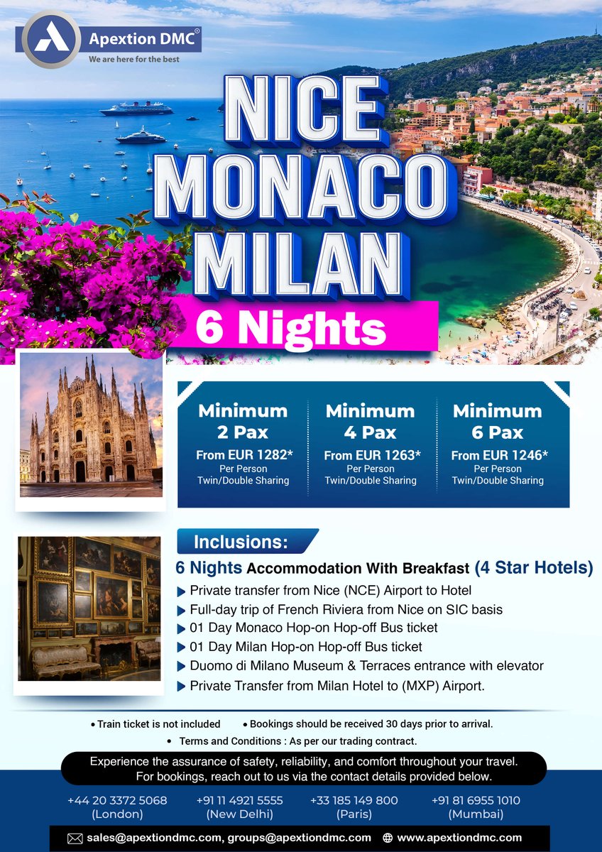 ApextionD's tweet image. Discover the charm of the French Riviera and the elegance of Italy in one seamless journey.

#apextion #b2btravel #travelagent #milantravel
