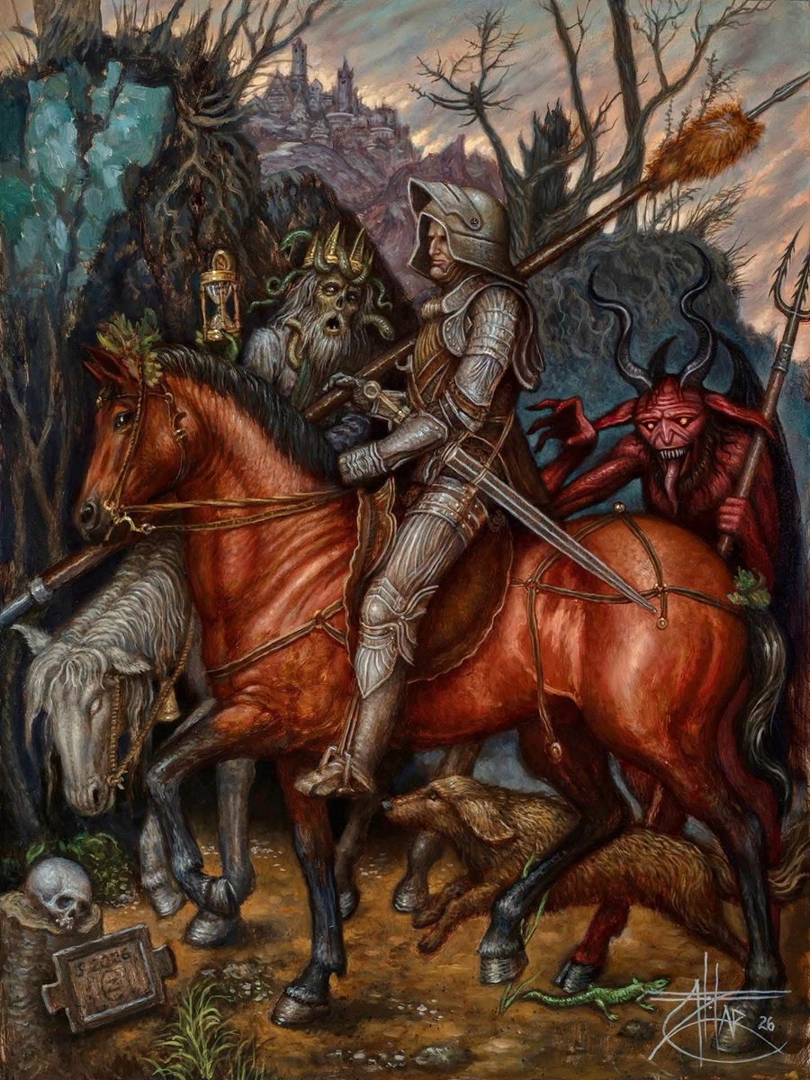 GigagodSesamar's tweet image. Chet Zar's "Knight, Death and The Devil" is a contemporary dark art painting that serves as a direct tribute to Albrecht Dürer's legendary 1513 master engraving.
#RealmOfSesamar #Knight #Death #Devil