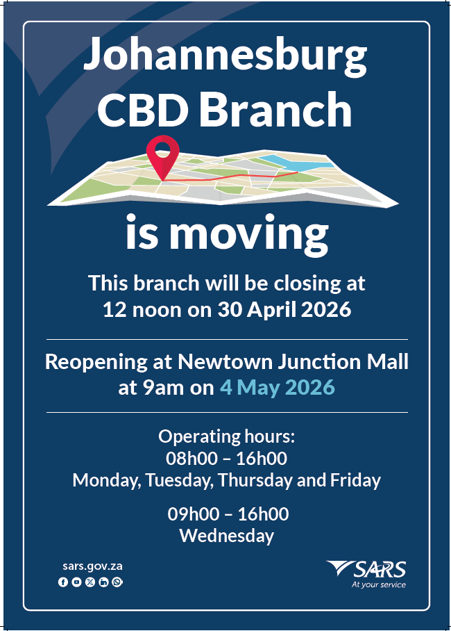 sarstax's tweet photo. BRANCH RELOCATION

The SARS Johannesburg CBD service centre will be relocating to the Newtown Junction Mall and re-opening at 9am on 4 May 2026. The current branch will be closing at 12 noon on 30 April 2026. 

The new physical address is Shop 137 (Level 1), 100 Carr Street, Newtown Junction Mall, Johannesburg. It will be operating under the new name of SARS Newtown JHB Service Centre. #YourTaxMatters