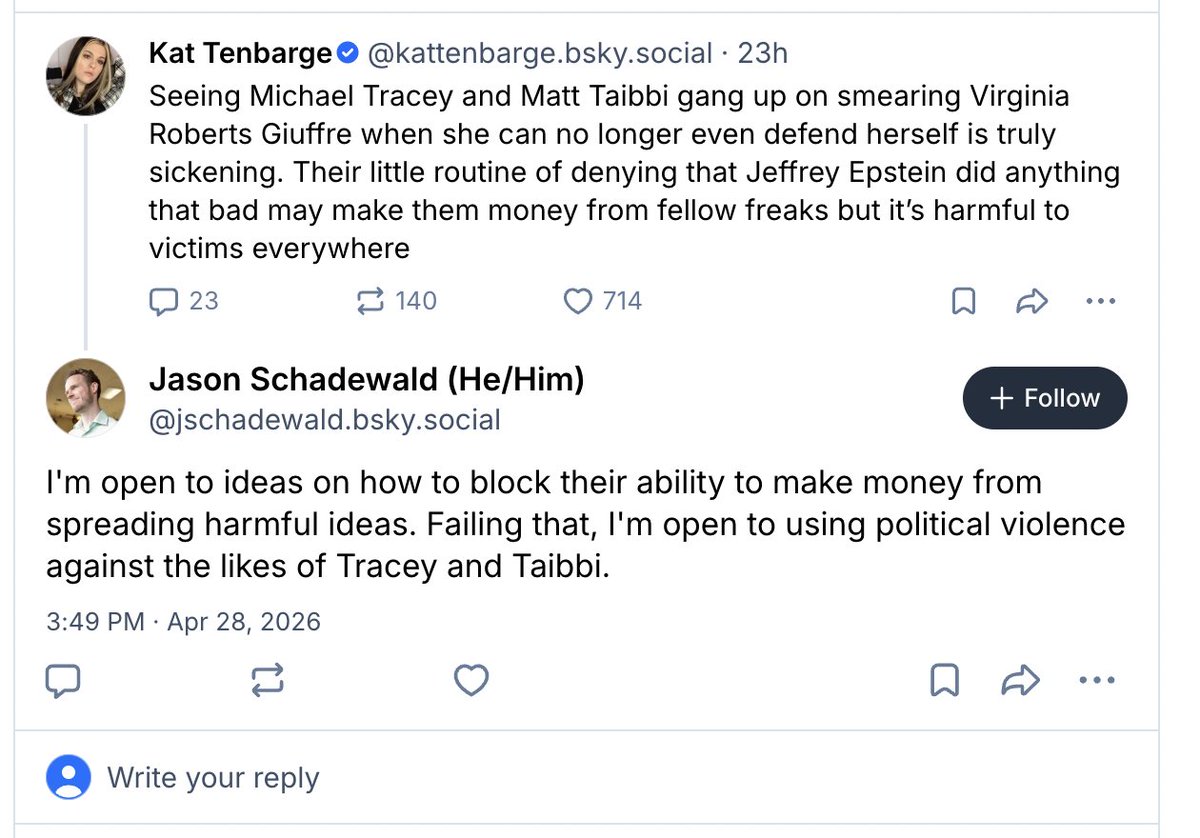 Amazing stuff going on over at the hysterical echo-sewer known as "BlueSky" <a href="/mtaibbi/">Matt Taibbi</a>