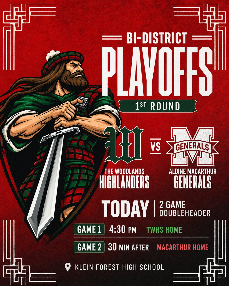 twhsbaseball's tweet photo. ⚔️ PLAYOFF BASEBALL IS HERE ⚔️

The Highlanders open the Bi-District Round today in a two-game doubleheader vs Aldine MacArthur.

📍 Klein Forest High School
🕟 Game 1 — 4:30 PM
⏱️ Game 2 — 30 min after

Win the moment. Earn the next round.
#HighlanderBaseball #TWHS https://t.co/eZGRuvx5DG