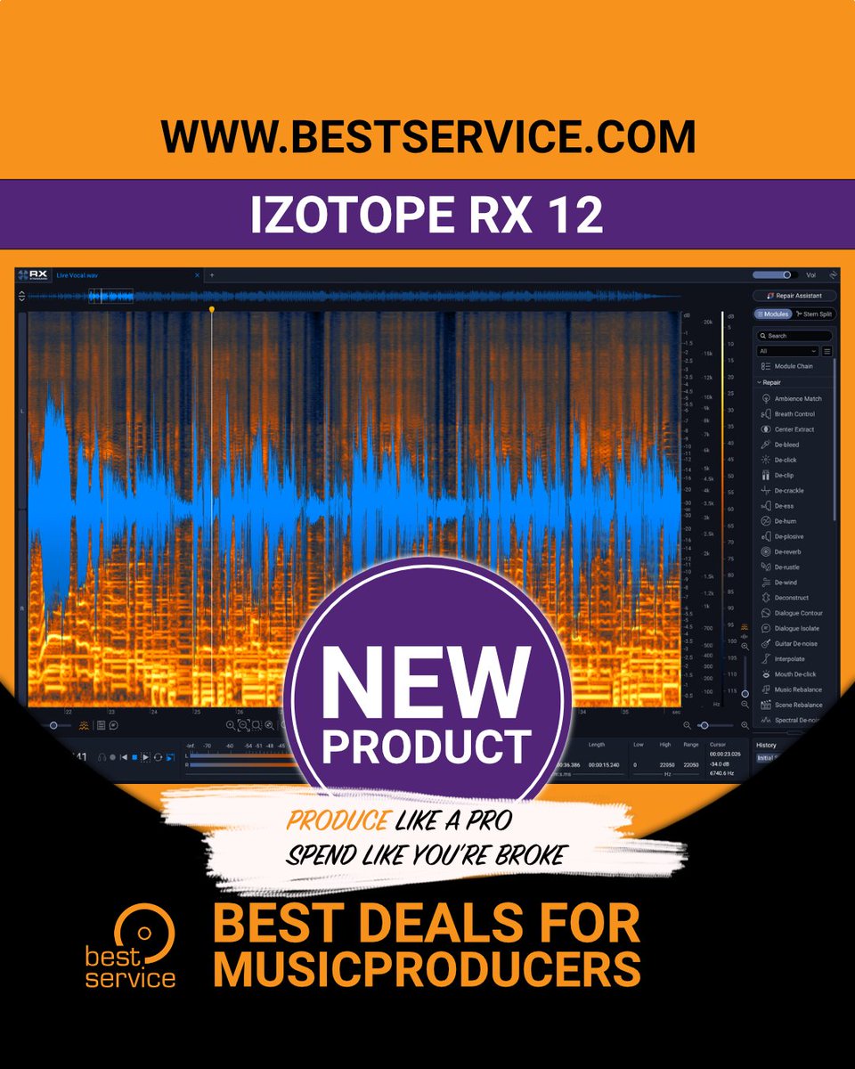 bestservicenews's tweet image. New Product: iZotope - RX 12 

Deliver flawless Audio for every scene, song, and story.

Get it here: 
bestservice.com/en/izotope.htm…

#MusicProduction #MusicProducer #SoundDesign #PluginDeals #ProducerLife #HomeStudio #PluginSale #MusicPluginSale #ProducersDeals #Beatmaker