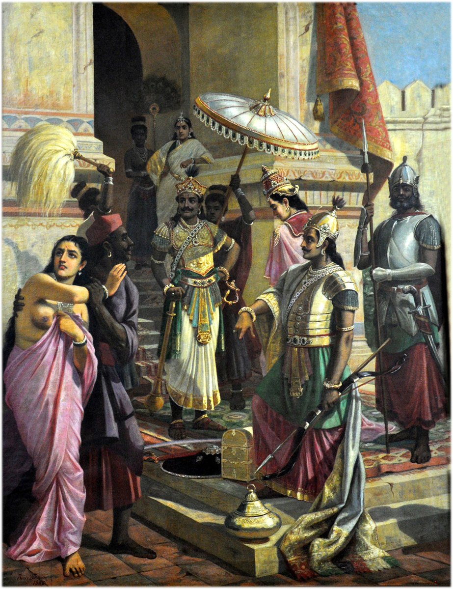 UnamPillai's tweet image. On Raja Ravi Varma's birth anniversary, a little detail about his 'Victory of Indrajit'. The scene depicts Ravana's son parading before him the spoils of heaven after defeating Indra, king of the gods. Indra stands with his head lowered before Ravana while his consort (continued)