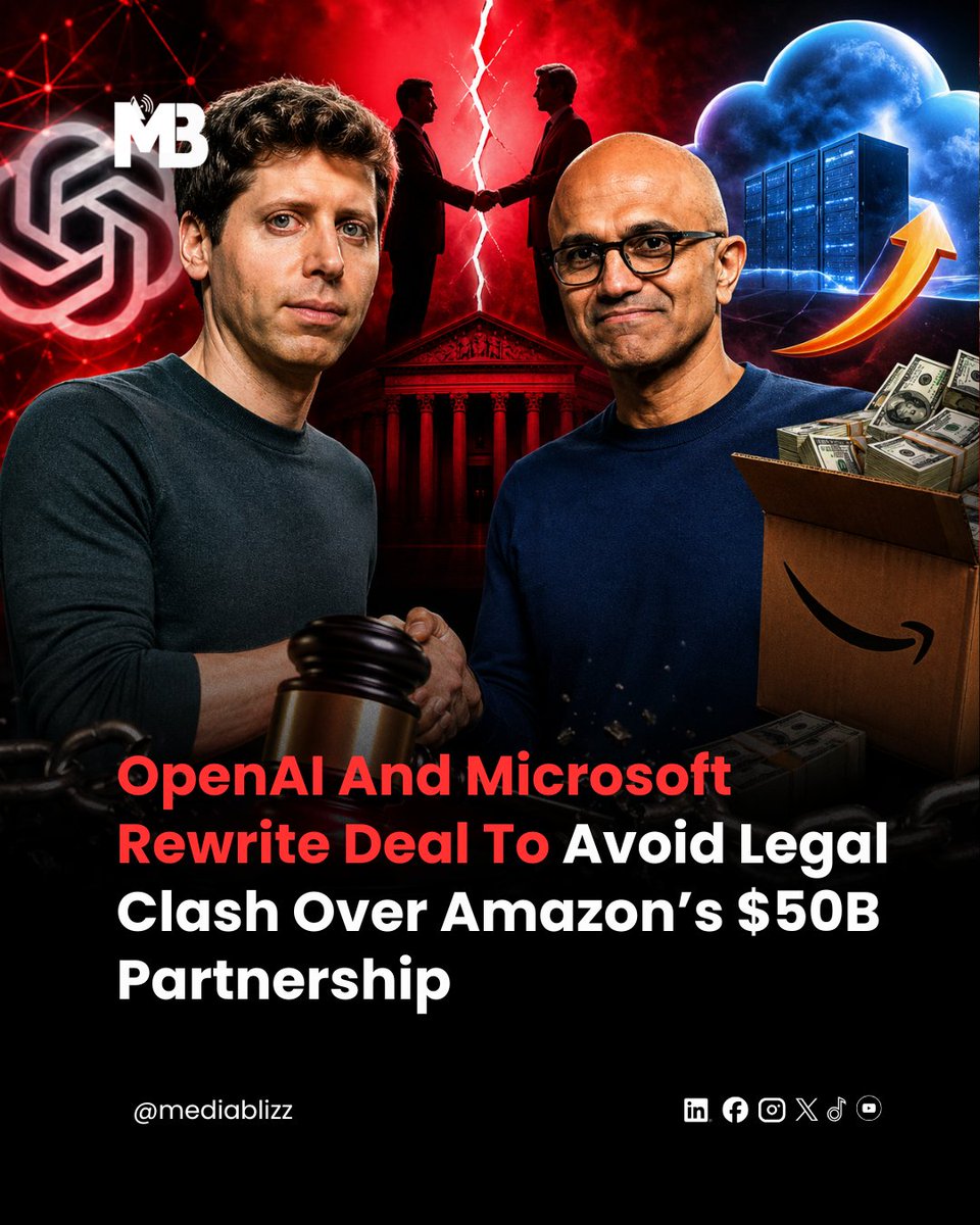 OpenAI and Microsoft have updated their agreement to avoid a potential legal conflict linked to OpenAI’s $50B deal with Amazon.

#AI #OpenAI #Microsoft #Amazon #TechNews