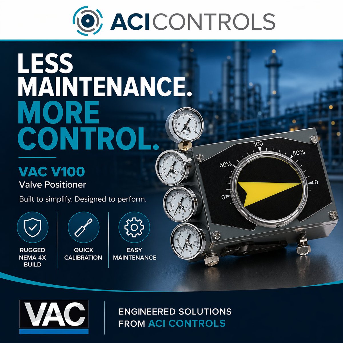 ControlsAci's tweet image. Valve positioners causing downtime or constant maintenance? ACI Controls helps solve it with the VAC V100—rugged, easy to calibrate, and built for quick maintenance. One unit handles pneumatic or electro-pneumatic setups.
#ProcessControl #ValveControl #ACIControls #VAC