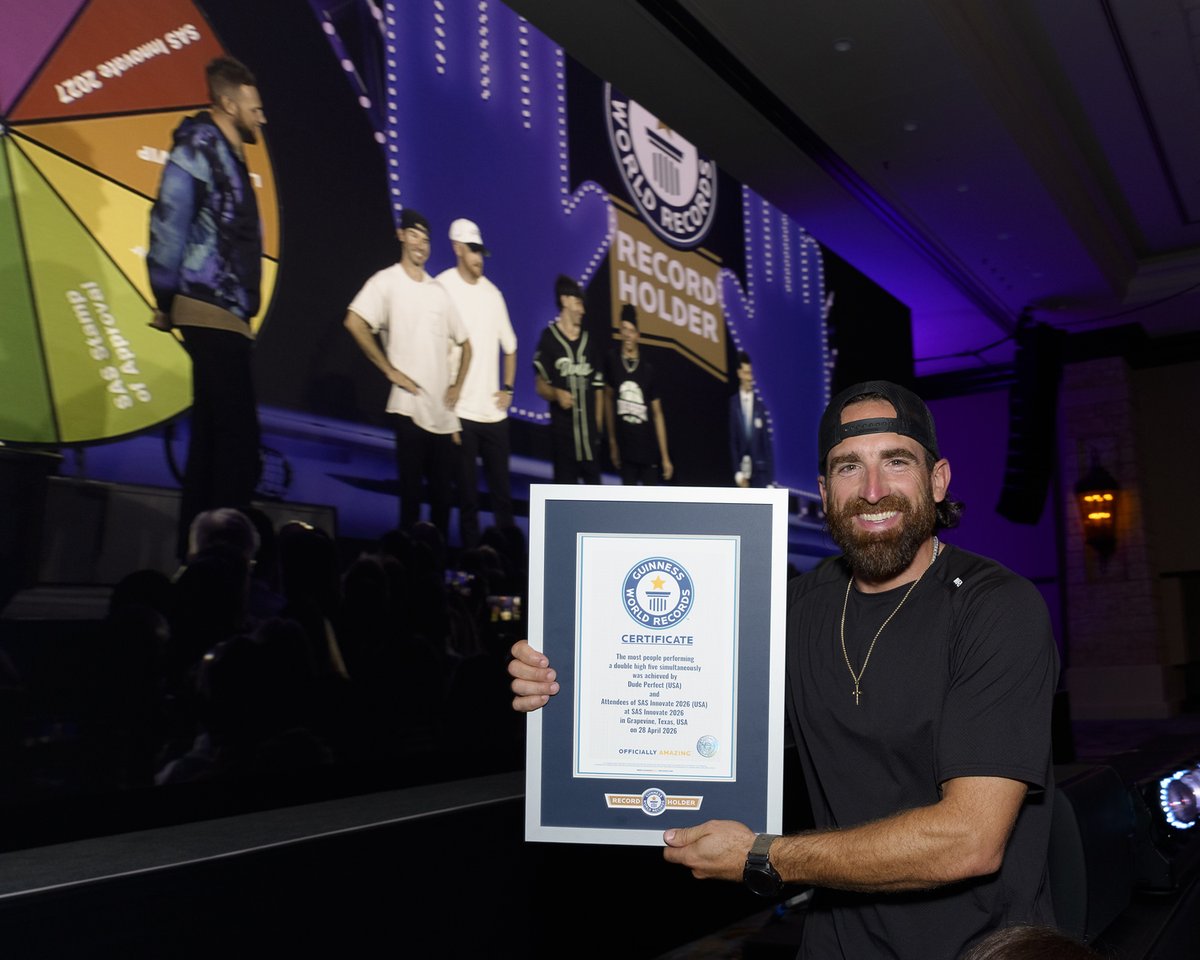 SASsoftware's tweet photo. A Guinness World Record (@GWR) with Dude Perfect, a headline-packed Opening Session, big ideas and an incredible Tuesday at #SASInnovate 2026 🎉

Wednesday, let's go 🔥https://t.co/HdpRCdRGqA https://t.co/91E2i1JuJl