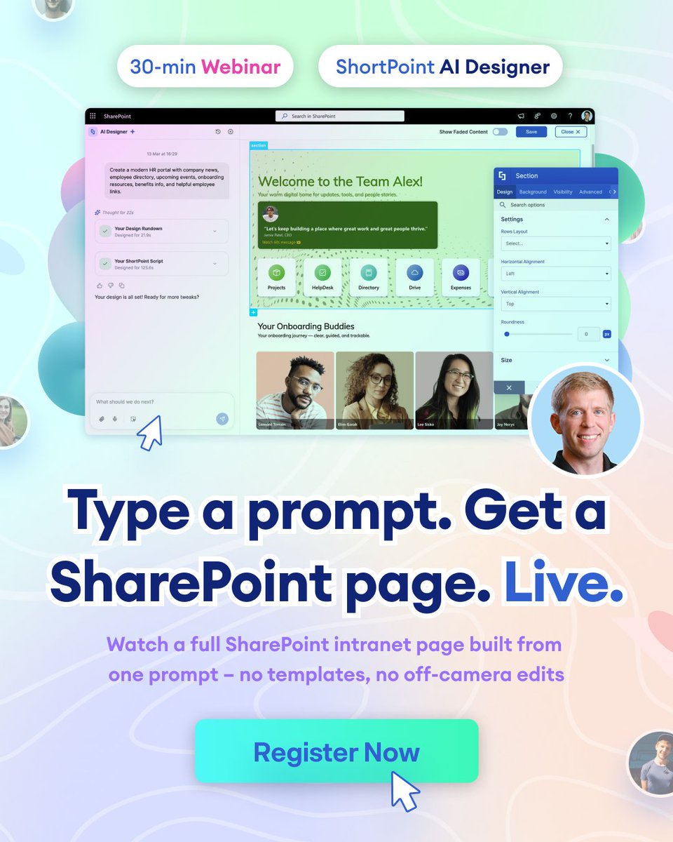 ShortPoint_inc's tweet photo. Type a prompt. Get a SharePoint page. Live.

No templates. No prebuilt blocks. No off-camera edits.

May 12 · 11am EDT · 30 min · Free

Watch our CRO build a full intranet page from one prompt 👇
https://t.co/ctvPUWteZJ https://t.co/r6CgZhuP3H