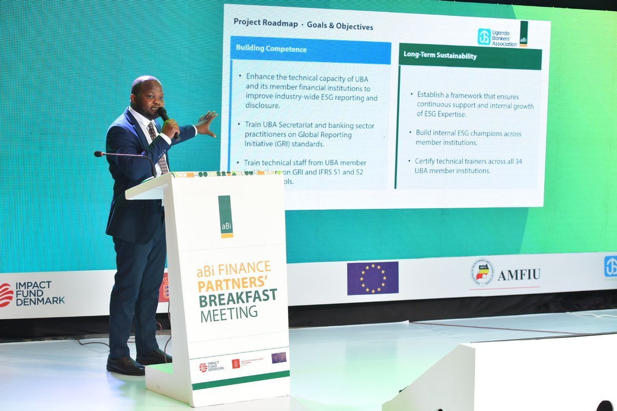 ugbankers's tweet photo. At the @aBi_Finance Partners’ Breakfast Meeting, Mr. Ronald Ochen, the Senior Research Officer at Uganda Bankers’ Association, presented the roadmap for the IFRS S1, S2 and GRI Capacity Building Project. 

Over the next 12 months, CEOs, Executives, and ESG champions from 34 member institutions, including 23 commercial banks, 3 development banks, and 8 Tier 2 and 3 institutions, will undergo intensive training, technical handholding, and sustainability planning. 

"With UGX 500 million committed by aBi Finance to cater for consultants, operational costs, and support resources, the project is designed to strengthen disclosure, risk management, and reporting practices, aligning Uganda’s banking sector with global ESG standards and the national vision of growing GDP to USD 500 billion by 2040." – Mr. Ronald Ochen, Senior Research Officer, UBA 

"Our journey towards sustainable finance requires deliberate capacity building. This roadmap ensures our institutions are equipped to meet international standards, improve transparency, and lead Uganda’s financial sector into a more resilient and inclusive future." – Mr. Ronald Ochen, Senior Research Officer, UBA 

@DKinUganda, @EPRC_official, @ibfsUg, @FitspaUG, @mofpedU
 
#aBiFinancePartners | #SustainableFinanceUG | #PromotingPartnerships | #TransformingBanking