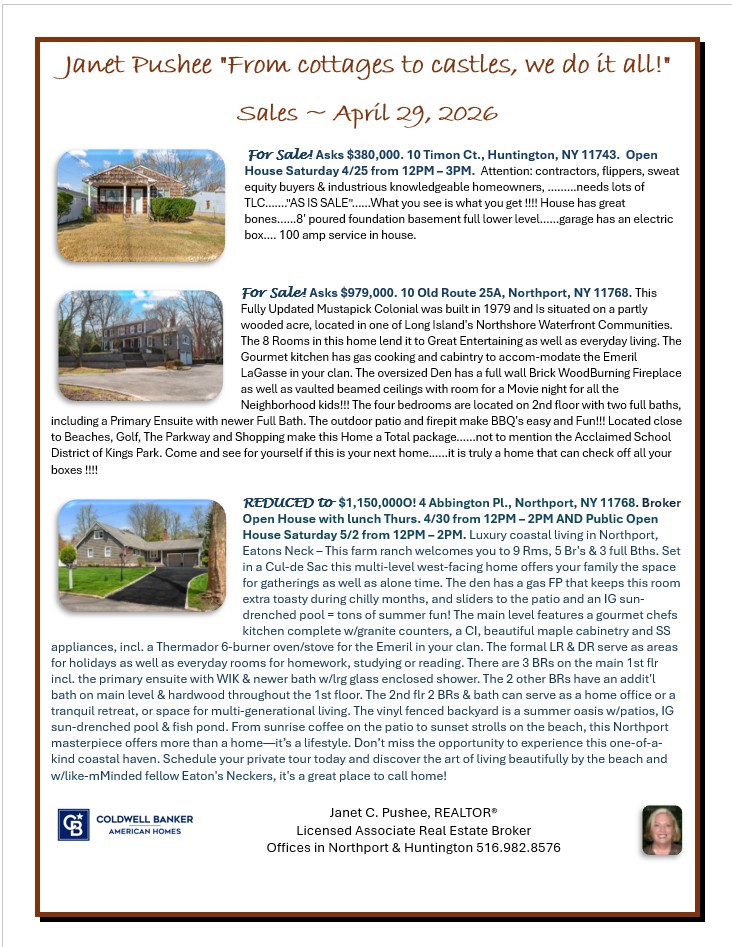 janet_pushee's tweet image. Janet Pushee ~ Moving the market since 1990! **SALES** #Realtor #Land #ColdwellBanker #RealEstate #HouseForSale #OpenHouse #KingsPark #NewListing #Northport #Huntington #Centerport #Greenlawn #FortSalonga #KingsPark #Commack #Smithtown #OpenHouse #Centerport #RealEstateAgent