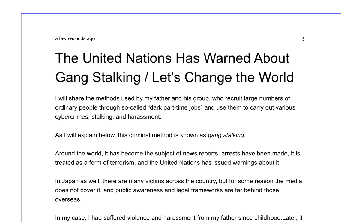 takashihSato's tweet image. I will share about gang stalking in Japan, and about my own experiences. 

日本での集団ストーカーと、僕の経験について、英語でシェアします。

#HumanRights #Japan
