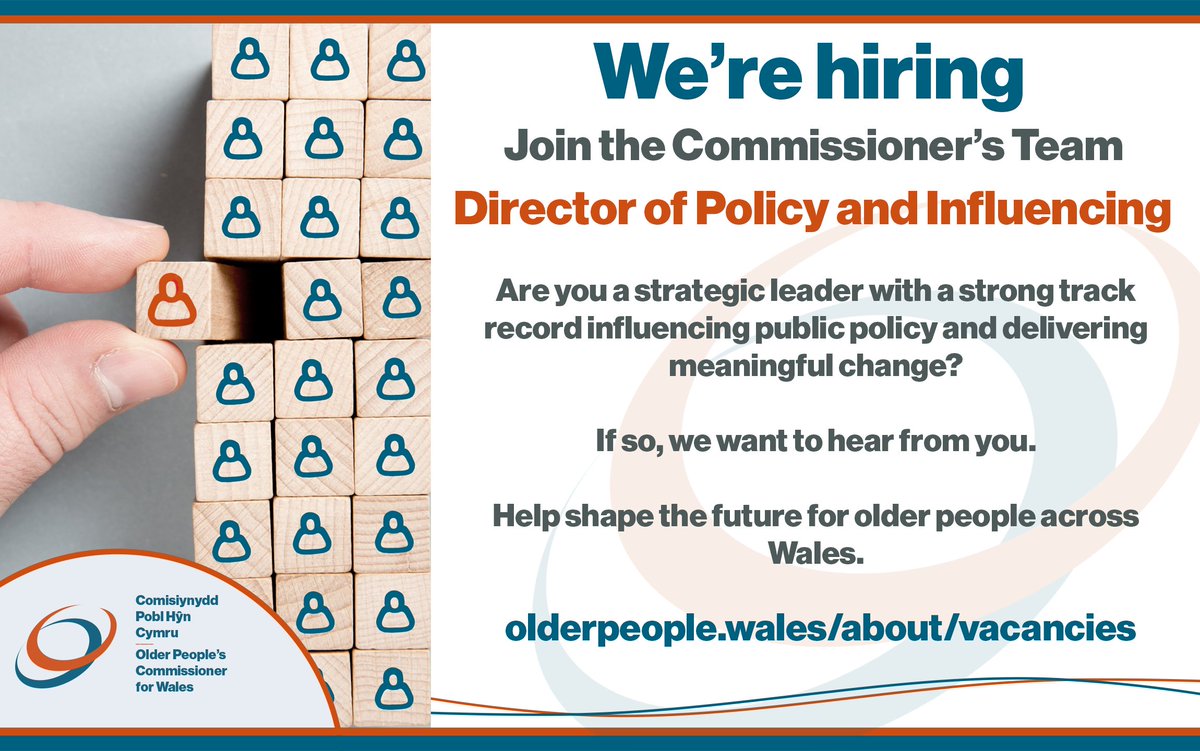 talkolderpeople's tweet photo. The Commissioner is looking for a new Director of Policy and Influencing to help deliver meaningful change for older people across Wales.

If you are an experienced strategic leader with a strong track record of influencing public policy, we want to hear from you!

Find out more: https://t.co/KWywIrdANZ