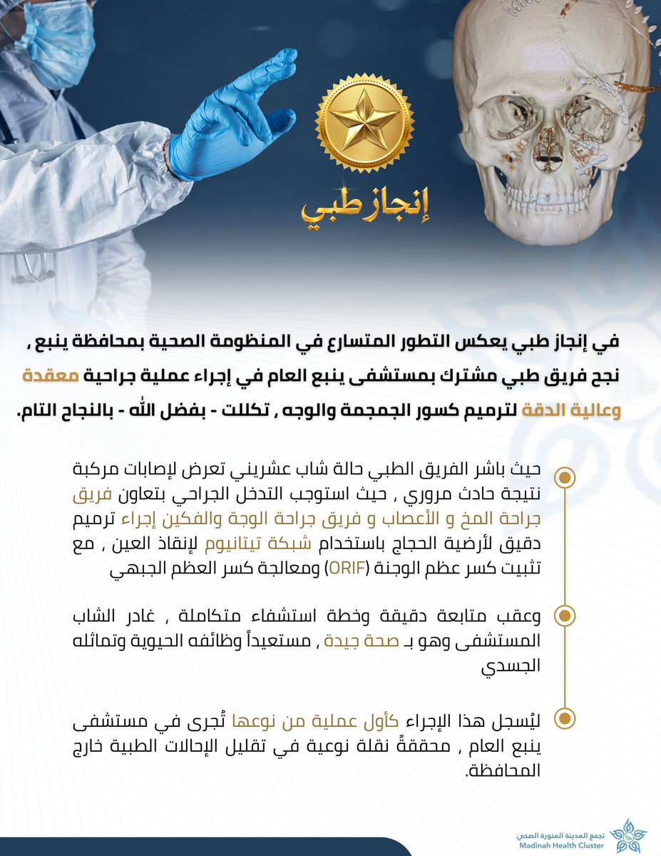 Med_cluster4's tweet image. 🎖️إنجاز طبي🎖️
نجح فريق طبي بمستشفى ينبع العام في إجراء عملية جراحية معقدة وعالية الدقة لترميم كسور الجمجمة والوجه لشاب تعرض لحادث مروري ، تكللت - بفضل الله - بالنجاح التام.
في خطوة تعكس التطور الكبير في المنظومة الصحية بالمحافظة✨
#تجمع_المدينة_الصحي
#مستشفى_ينبع_العام
#إنجاز_طبي