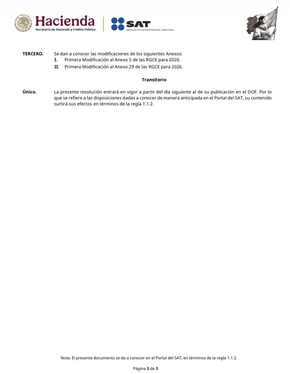 SergioEsquerra's tweet photo. 🚨 ¡Importante! SAT publica la Primera Resolución de Modificaciones a las RGCE 2026 (Segunda Versión Anticipada).
El punto más fuerte es la nueva regla 1.4.14.: los agentes aduanales deberán integrar un expediente electrónico completo por cada cliente que realice operaciones de comercio exterior.
✅ Deberá incluir: identificación, acta constitutiva, comprobante de domicilio, RFC, fotos del inmueble, maquinaria, equipo y medios de transporte, más declaraciones juradas de no estar en listas negras ni emitir facturas falsas.
Otros cambios:
• Excepción al Anexo 29 para empresas automotriz y autopartes con PROSEC.
• Prórroga hasta el 31 de mayo de 2026 para valoración de mercancías.
Ya disponible en versión anticipada en el Portal del SAT.