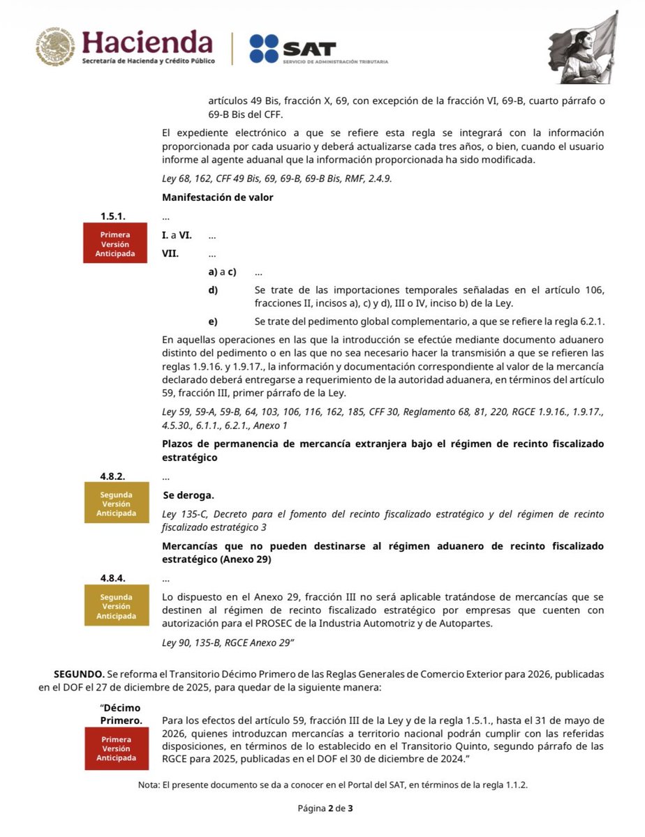 SergioEsquerra's tweet photo. 🚨 ¡Importante! SAT publica la Primera Resolución de Modificaciones a las RGCE 2026 (Segunda Versión Anticipada).
El punto más fuerte es la nueva regla 1.4.14.: los agentes aduanales deberán integrar un expediente electrónico completo por cada cliente que realice operaciones de comercio exterior.
✅ Deberá incluir: identificación, acta constitutiva, comprobante de domicilio, RFC, fotos del inmueble, maquinaria, equipo y medios de transporte, más declaraciones juradas de no estar en listas negras ni emitir facturas falsas.
Otros cambios:
• Excepción al Anexo 29 para empresas automotriz y autopartes con PROSEC.
• Prórroga hasta el 31 de mayo de 2026 para valoración de mercancías.
Ya disponible en versión anticipada en el Portal del SAT.
