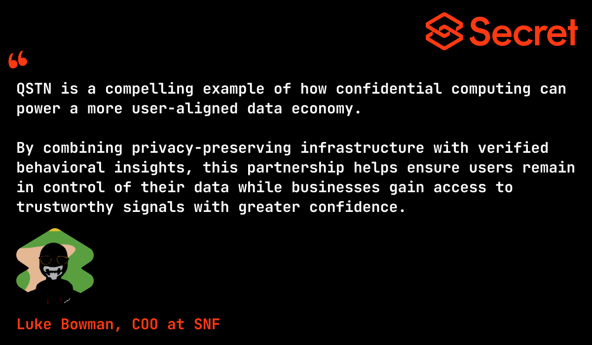 SecretNetwork's tweet photo. A strong step toward a more user-aligned data economy.

Our partnership with QSTN brings confidential verification and attested execution to reward distribution, campaign validation, and audience insights. Users stay in control of their data. Businesses gain access to signals they can trust.

Privacy-preserving infrastructure for real participation, real rewards, and real confidence.