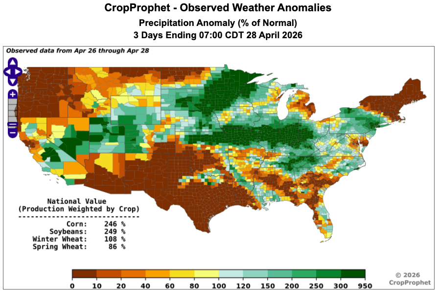 CropProphet's tweet photo. Heavy precipitation has impacted northern Missouri, Illinois, Indiana, and western Ohio over the past 3 days.

Some counties have received over 400% of normal precipitation during that time period.

The good news is that the AIFS is predicting notable dry conditions over the next 2 weeks for the corn belt.

#oatt #AgWx #AgWeather #Corn #Plant2026