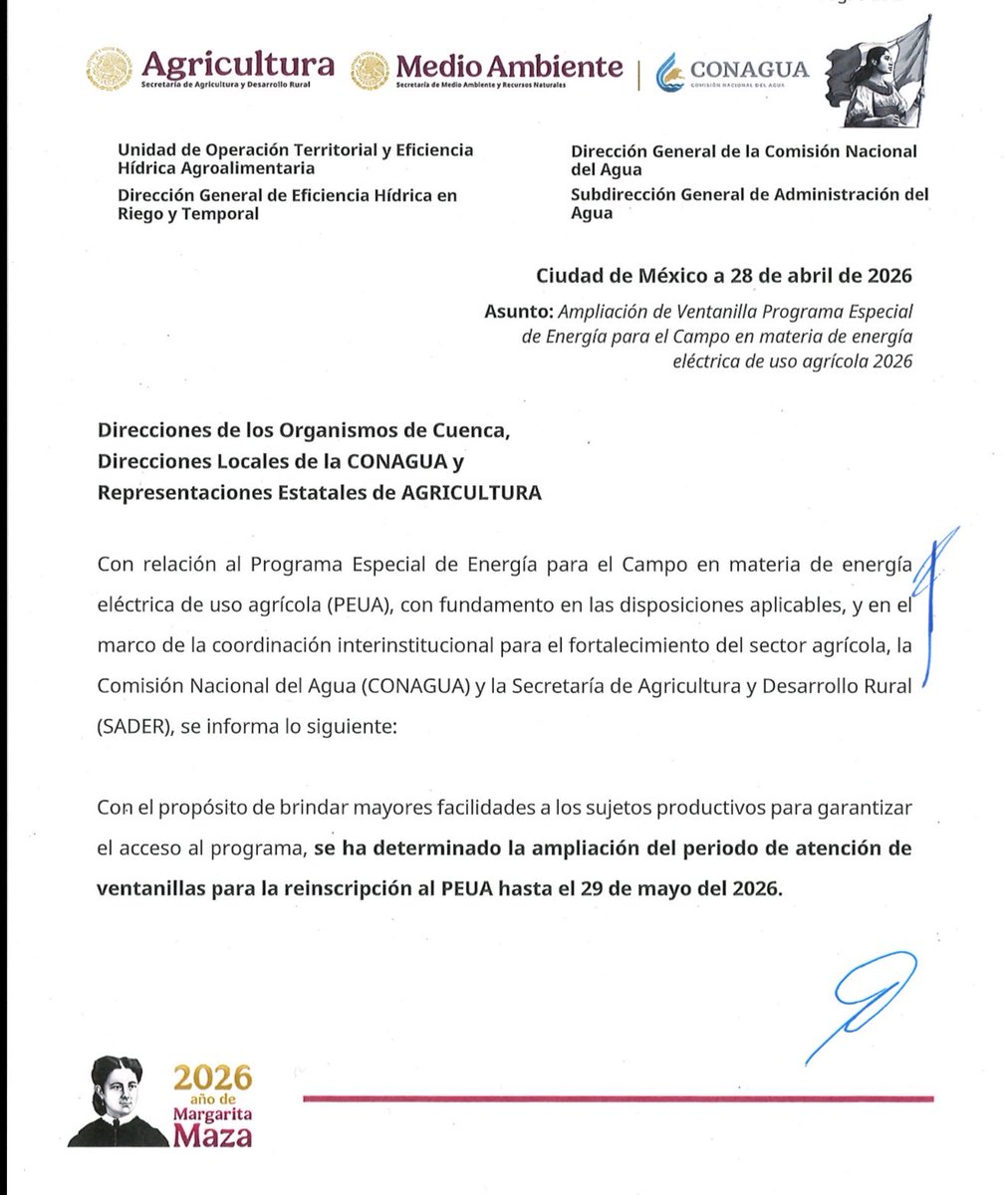 ConaguaDLZac's tweet photo. #Comunidado 

Con el propósito de brindar mayores facilidades y en beneficio de nuestros productores ; la re inscripción al #PEUA se amplía al 29 de Mayo. https://t.co/sBFYxYiSGG
