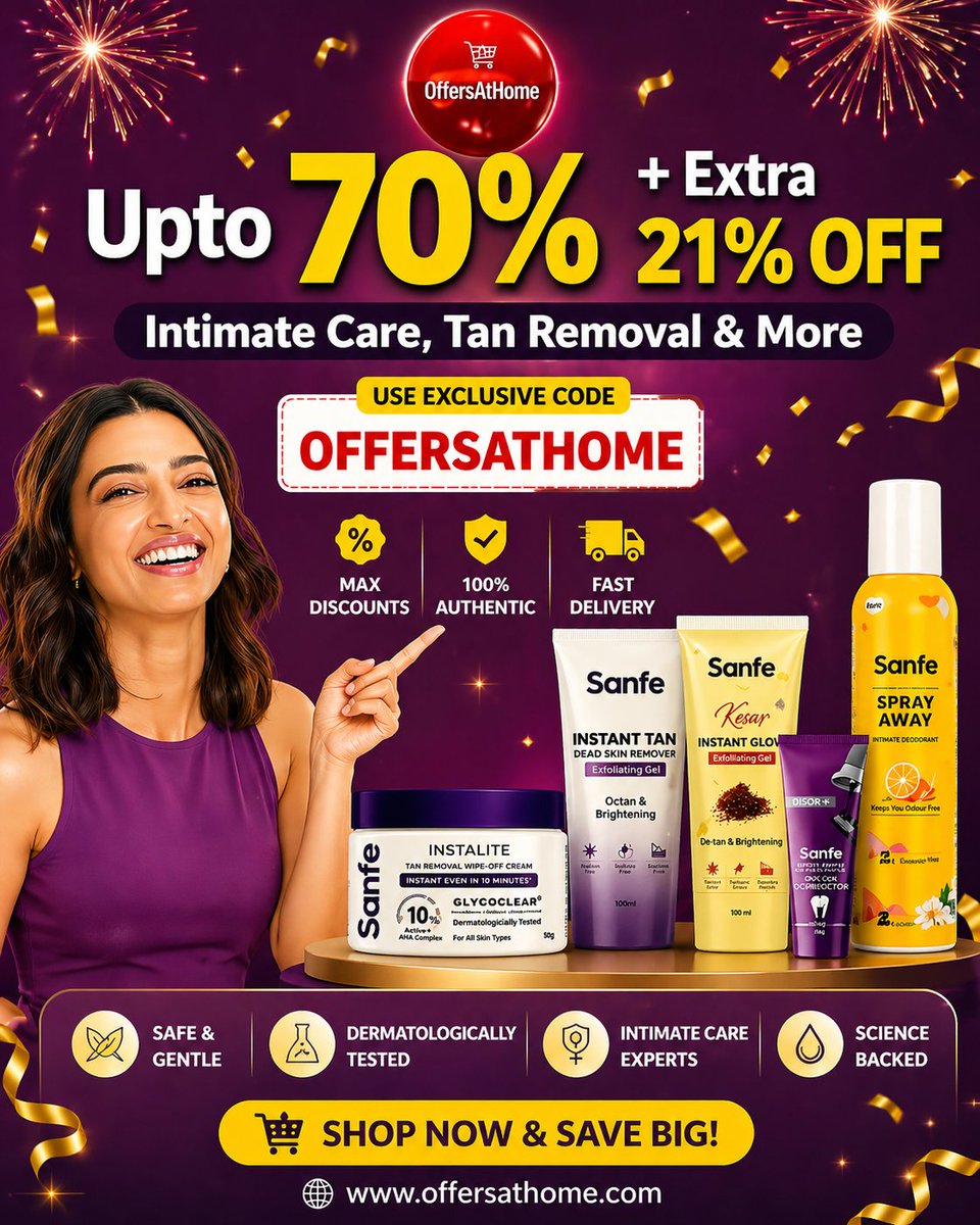 OffersAtHome's tweet photo. Glow, Save &amp; Feel Confident 💜✨
Upto 70% OFF + Extra 21% OFF on Sanfe 💥
🎯 Use Code: OFFERSATHOME
🛍️ Don’t miss this limited deal
👉 Shop now: https://t.co/ntmpFFoCj5
#OffersAtHome #Sanfe #DealsIndia #CouponCode  #DiscountDeals #BeautyDeals #Shopping #OnlineDeals #SaleAlert https://t.co/ZIxlE4gIPE