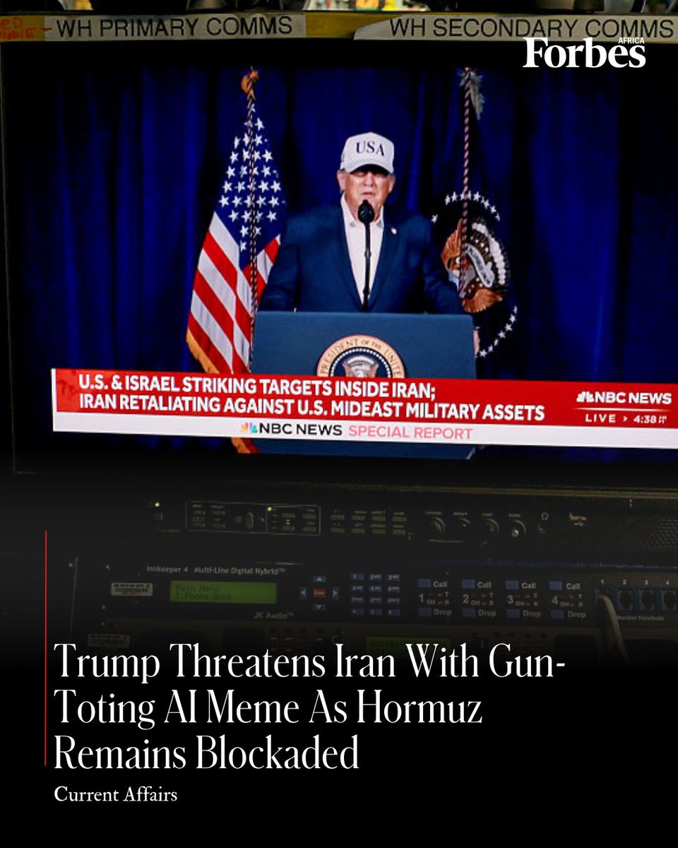 forbesafrica's tweet image. #CurrentAffairs
President Donald Trump early on Wednesday threatened Iran with an AI-generated meme while appearing to reiterate his claims the country was in a state of disarray and incapable of signing a peace deal as the Strait of Hormuz remains blockaded.

Read more by