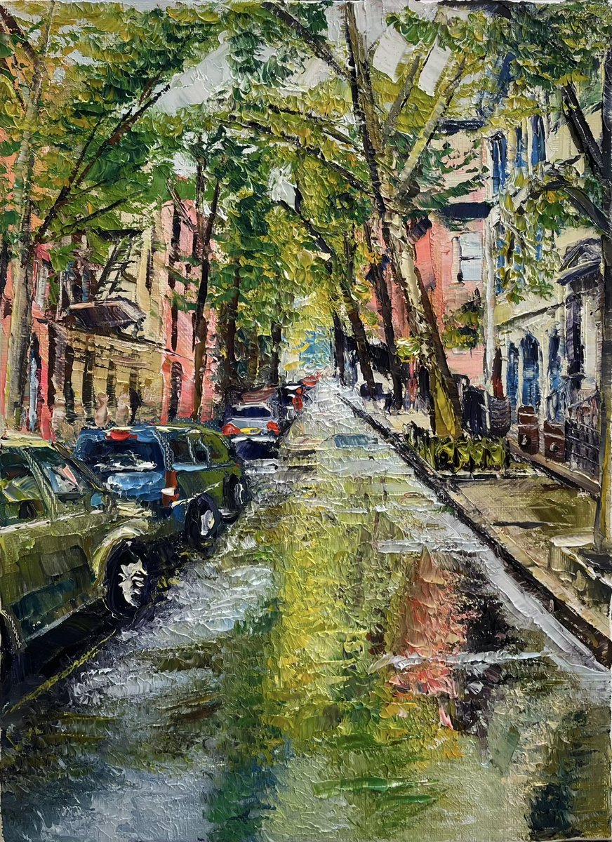雨上がりの街角(ニューヨーク)🗽 カンヴァスに油彩F4(24×33㎝) 雨に降