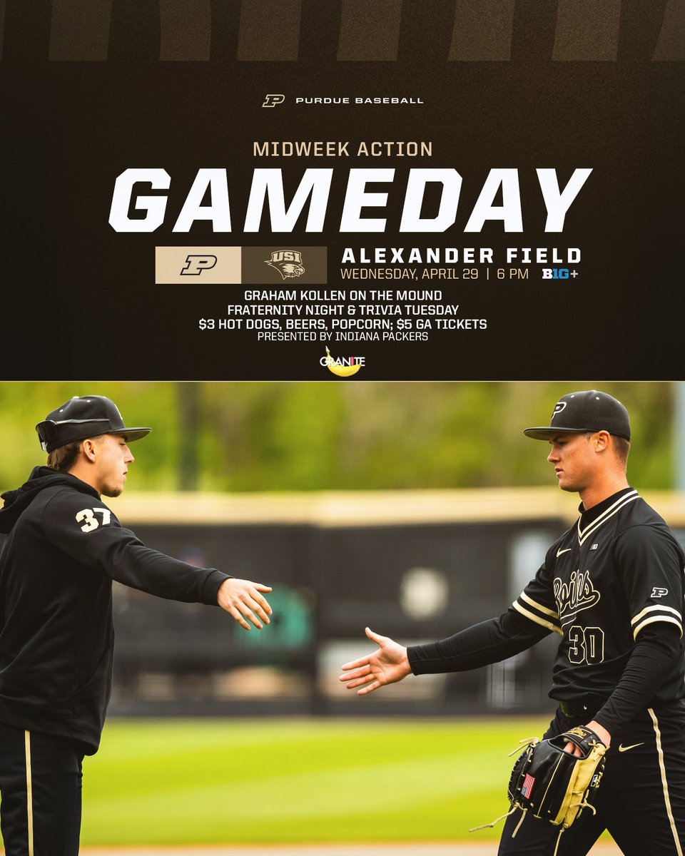 PurdueBaseball's tweet image. First of 8 straight at Alexander. Help us pack the ballpark again after we hosted 2,200+ for each of the last 2 midweek dates. #BoilerUp

🚂 🆚 🦅
🕕 6 PM
🌎 West Lafayette
💪 @GNKollen85 vs RHP Andres Gonzalez
☑️ $3 Deals on 🌭🍺🍿 &amp;amp; $5 🎟️
🔊 PurdueSports App &amp;amp; Website
📺 B1G+