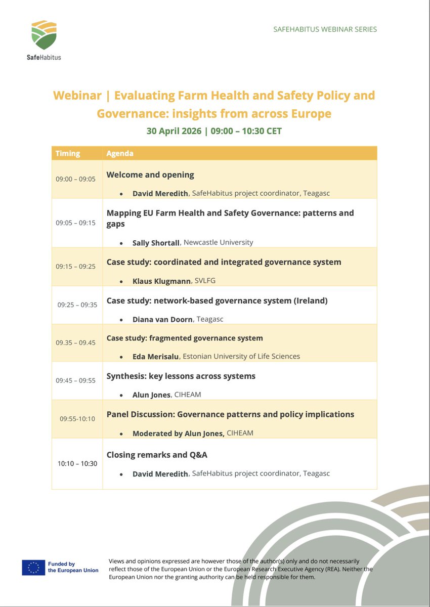 SafeHabitus_eu's tweet photo. Meet the speakers of our upcoming #SafeHabitus webinar on farm health &amp; safety policy in Europe 🌱

Experts from across #Europe will share key insights on governance and wellbeing.

📄 Agenda &amp; speakers 👉 https://t.co/c7PHh1fLjZ https://t.co/7xKmwfGDHf
