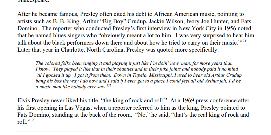 APanther369's tweet photo. Elvis did not steal black music, he wasn't racist, and he acknowledged his debt to black artists. Hell, he didn't even like being called "The King of Rock n' Roll"; he considered Fats Domino the real king. If it weren't for Elvis, the door to black music wouldn't have been opened https://t.co/cAPNPc6N3J