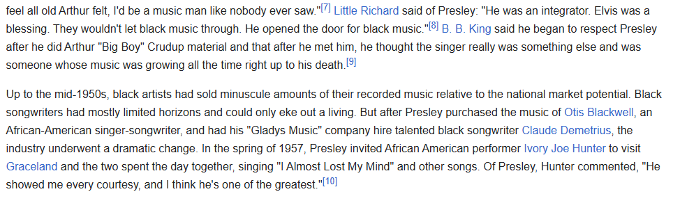 APanther369's tweet photo. Elvis did not steal black music, he wasn't racist, and he acknowledged his debt to black artists. Hell, he didn't even like being called "The King of Rock n' Roll"; he considered Fats Domino the real king. If it weren't for Elvis, the door to black music wouldn't have been opened https://t.co/cAPNPc6N3J
