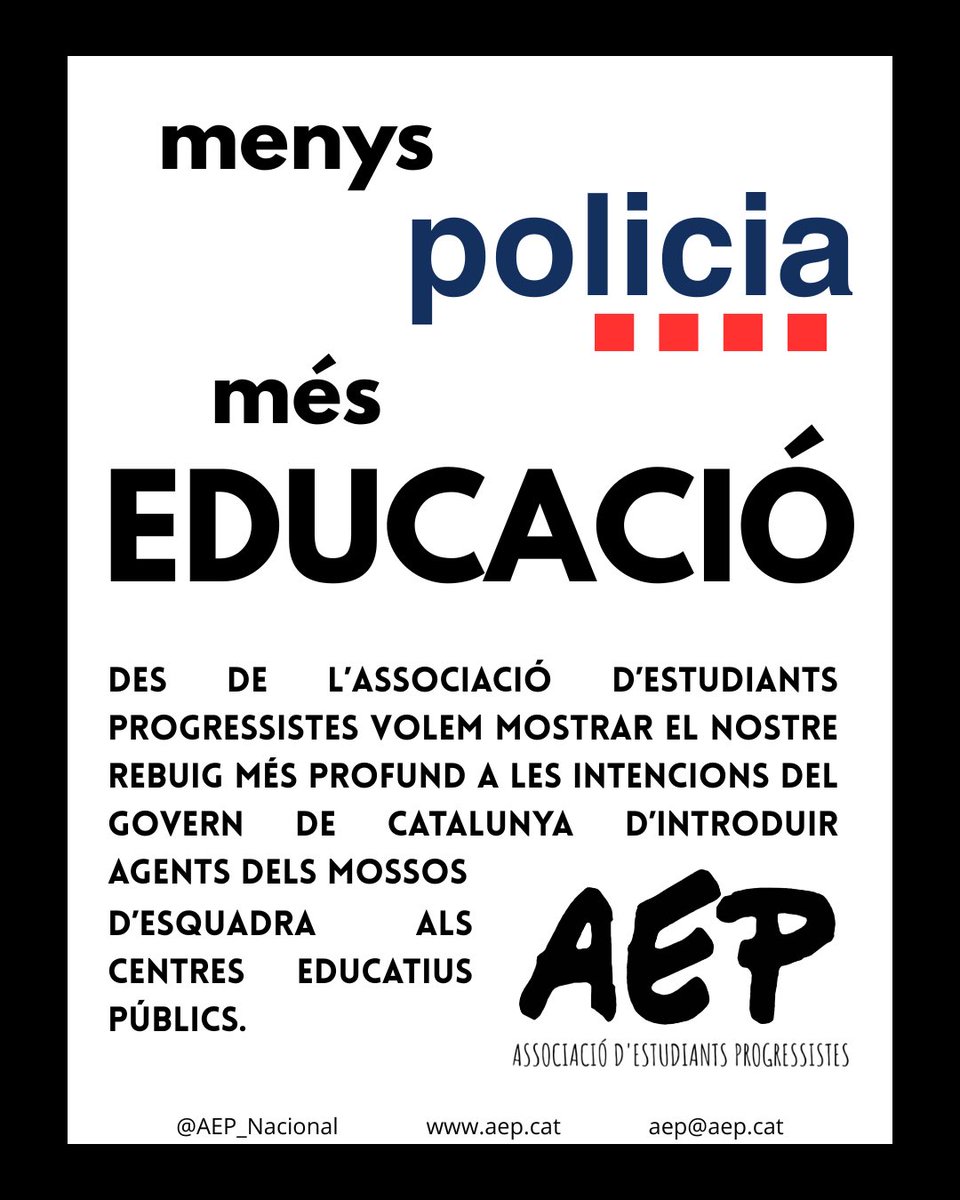 MENYS POLICIA I MÉS EDUCACIÓ📚

L’AEP considerem la introducció de cossos policials als instituts una vulneració dels drets dels alumnes i una mesura corrupta i autoritària, fruit del model hostil del PSC a l’educació 🔥

Llegeix el nostre comunicat 🧵👇

#CrisiEducativa