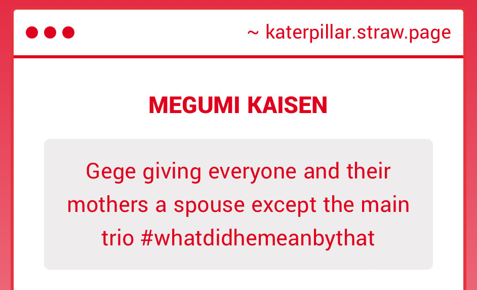 katerpillarAO3's tweet image. 1: nobara single by choice cool hot rich lesbian grandma and itafushi canon to #me

2: "dude ur kid's stalking me it's getting weird can u tell him to knock it off or something" and yuuta probably responds like "I KNOW IM SORRY"
