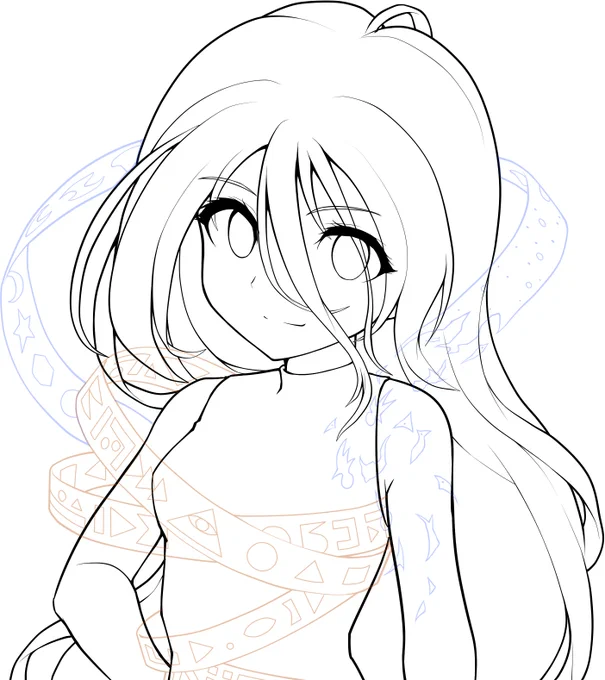 ボディラインは崩さないよう、別パーツで描かれています。髪と服のラインはベクター線。 今回も原作絵を意識して髪の位置や模様を揃えましたが紐は画面外に行ってしまうので顔付近で巻きました。その代わり千切れ飛んだ部品の形状まで似せています。絵に居ない子一人と魚はジャケット裏にいます