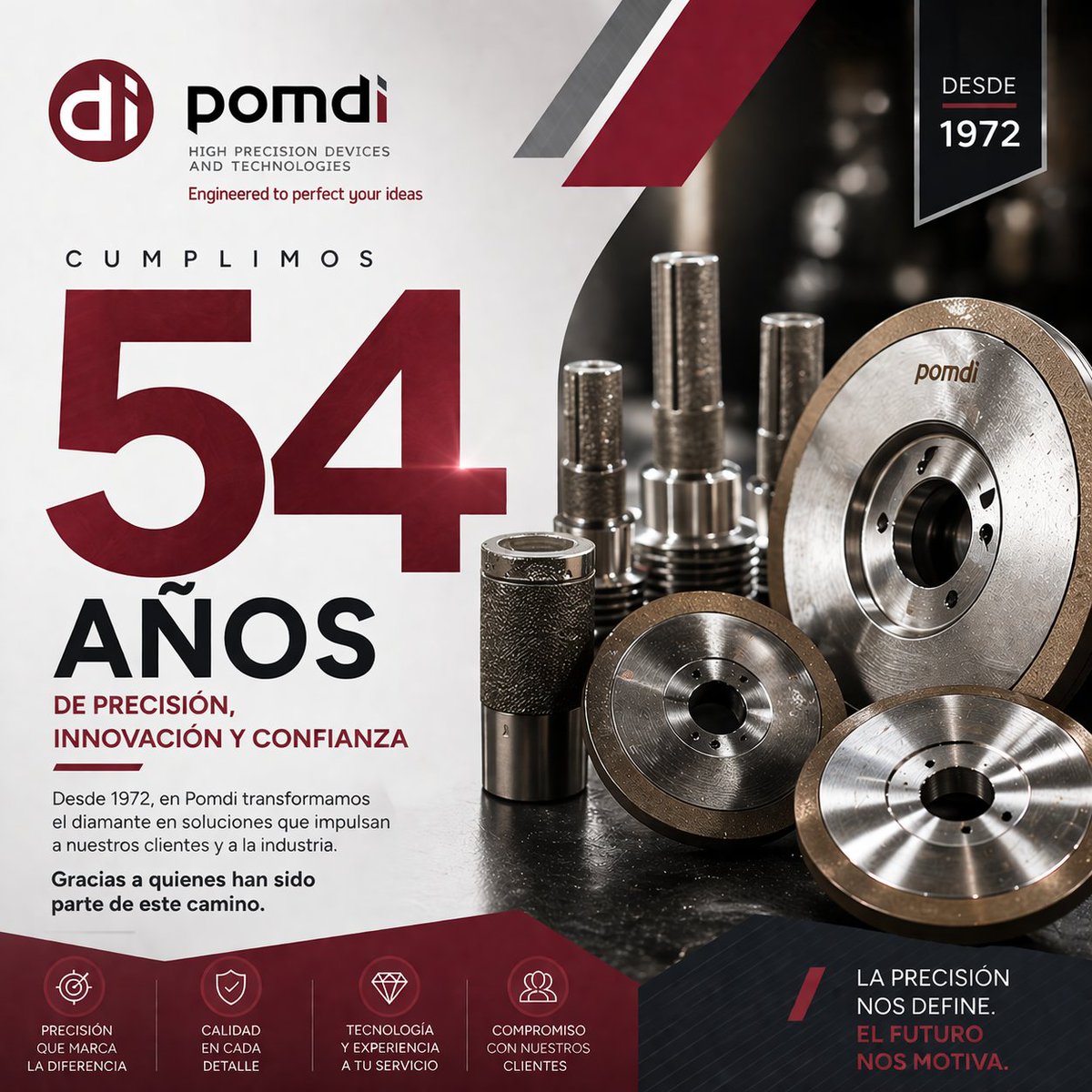 pomdi's tweet photo. 54 años puliendo la excelencia. En Pomdi celebramos más de cinco décadas de compromiso con la industria, transformando la experiencia en herramientas de diamante de máxima precisión. Gracias a cada cliente y colaborador por confiar en nuestra maestría técnica. https://t.co/toRhg9U5Tf