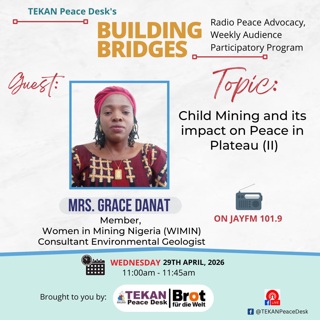 TEKANPeaceDesk's tweet photo. What do you think is the most effective way to get children out of mining and back into school? 
Join the second part of the conversation on Child Mining and its impact on Peace in Plateau. Tune into @jayfmjos by 11am.
Proudly supported by @BROT_furdiewelt https://t.co/yv92KolIuP