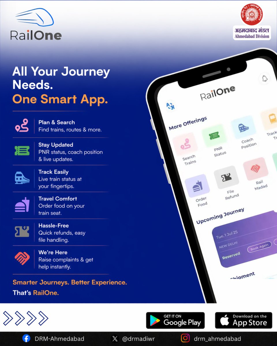 drmadiwr's tweet image. One app. Total control of your journey. 🚆📱
From booking to tracking, RailOne makes every step smoother, faster, and smarter. Travel stress-free with Indian Railways in your pocket.

#RailOne #SmartTravel #DigitalIndia #AhmedabadDivision